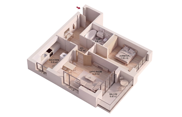 Plan apartament 2 camere, 57,07 m², Ozone Residence II by Gemina