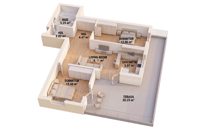 Plan apartament 3 camere, 61,44 m², Ozone Residence II by Gemina
